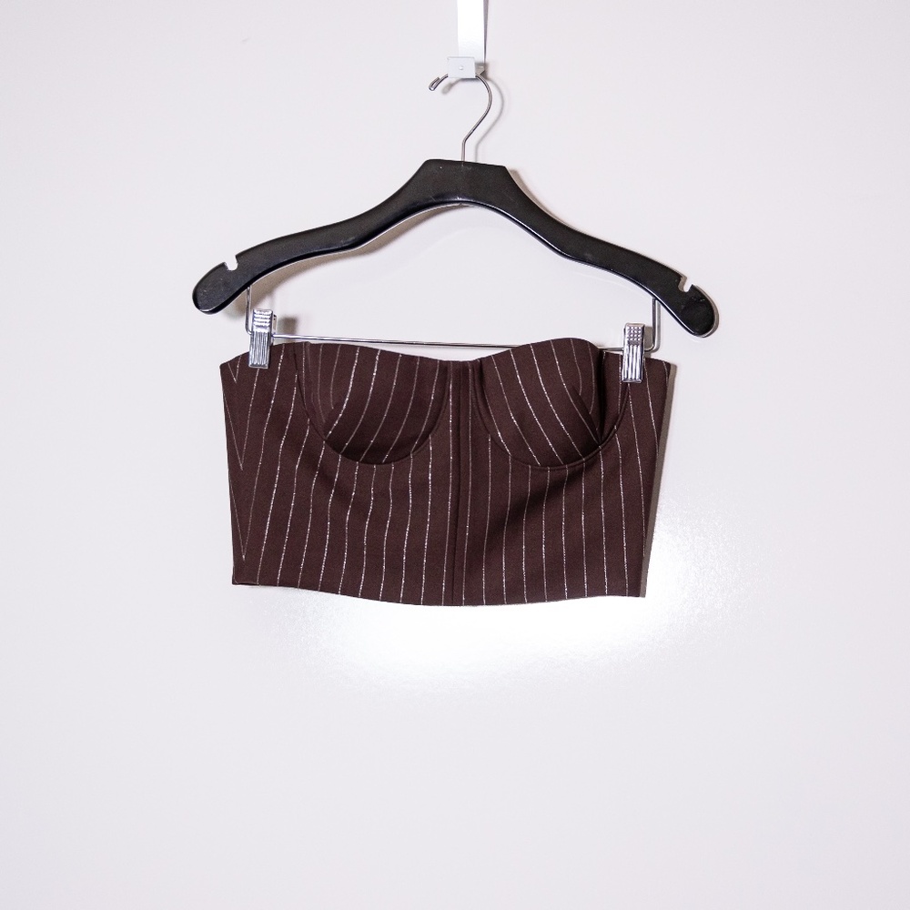 Alex Perry Chocolate Gold Metallic Lurex Pinstripe Strapless Corset Crop Top 6